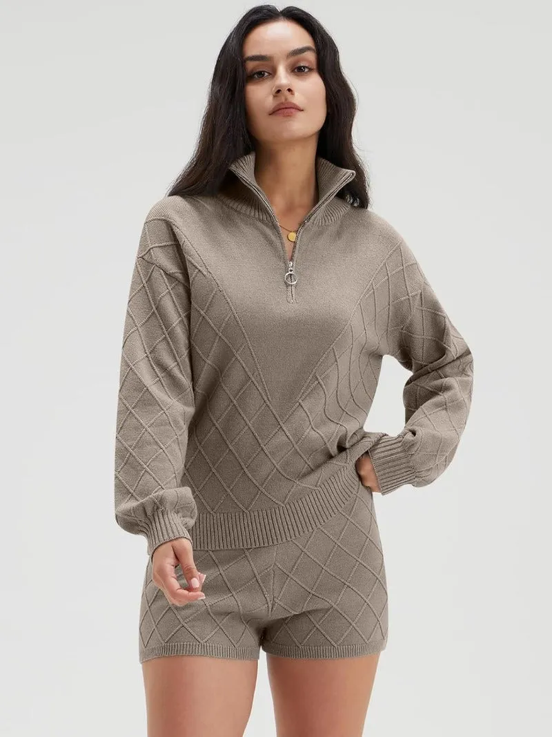 Half Zip Sweater & Shorts Lounge Set - Cable Knit Collar