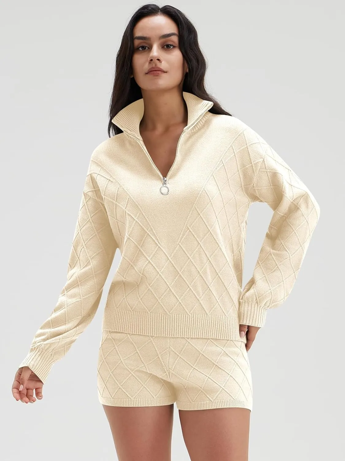 Half Zip Sweater & Shorts Lounge Set - Cable Knit Collar