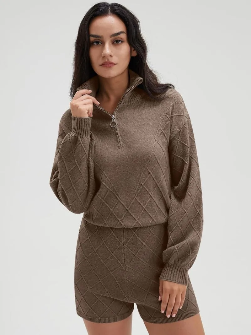 Half Zip Sweater & Shorts Lounge Set - Cable Knit Collar