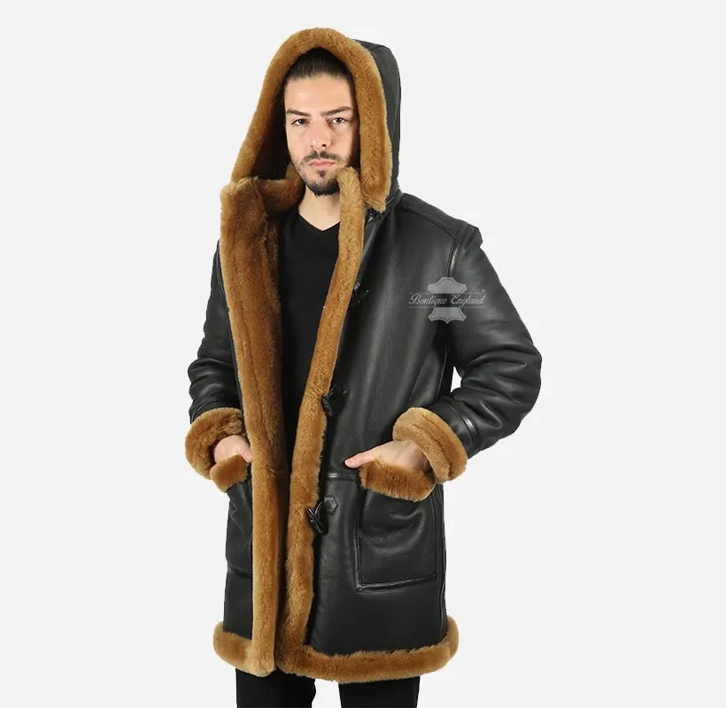 IVAR Men's Real Sheepskin Duffle Coat Shearling Fur Hooded Coat