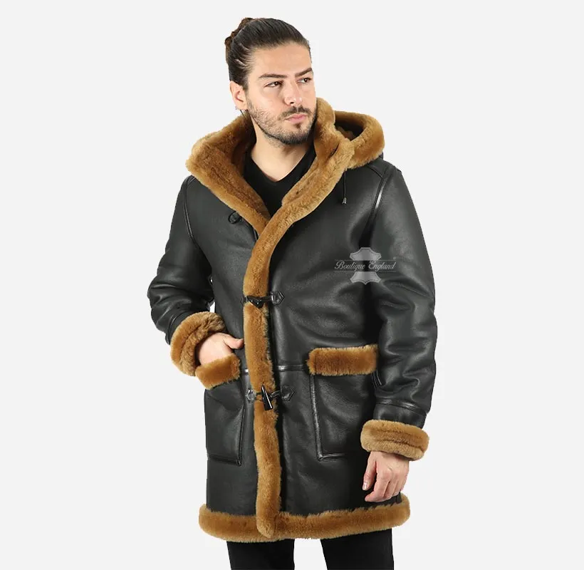 IVAR Men's Real Sheepskin Duffle Coat Shearling Fur Hooded Coat