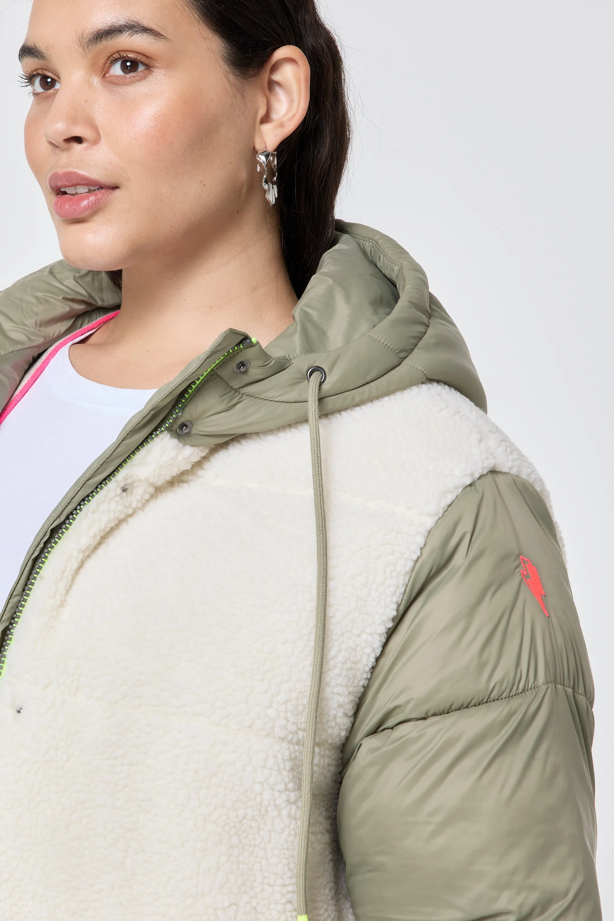 Khaki Quilted with Borg Longline Puffer Coat