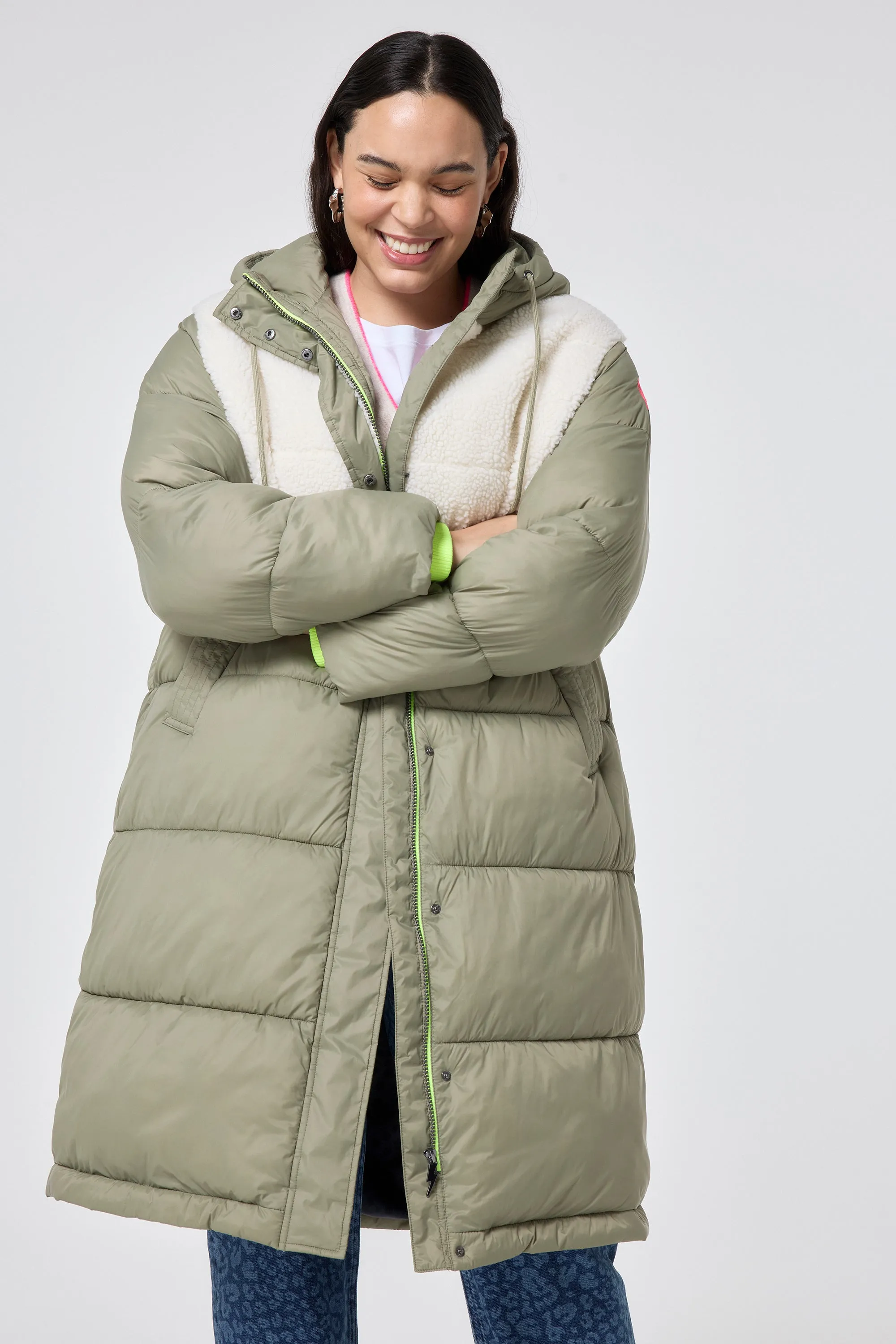 Khaki Quilted with Borg Longline Puffer Coat