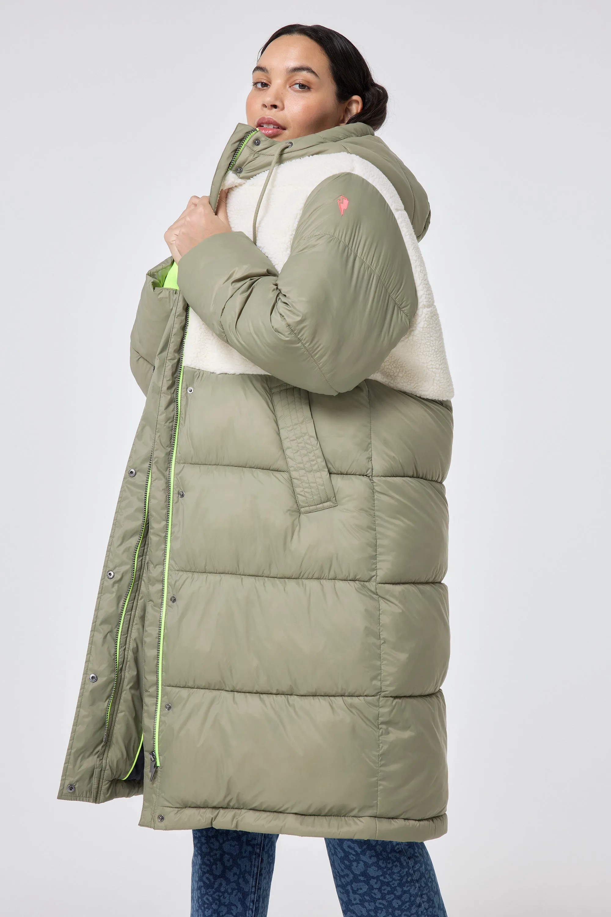 Khaki Quilted with Borg Longline Puffer Coat