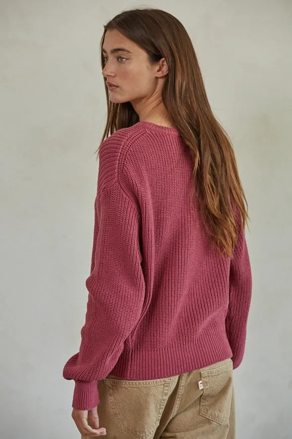 Knit Cotton Sweater Ribbed Long Sleeve Pullover Top Light Plum