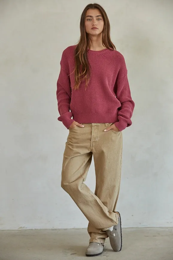 Knit Cotton Sweater Ribbed Long Sleeve Pullover Top Light Plum