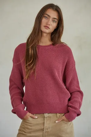 Knit Cotton Sweater Ribbed Long Sleeve Pullover Top Light Plum