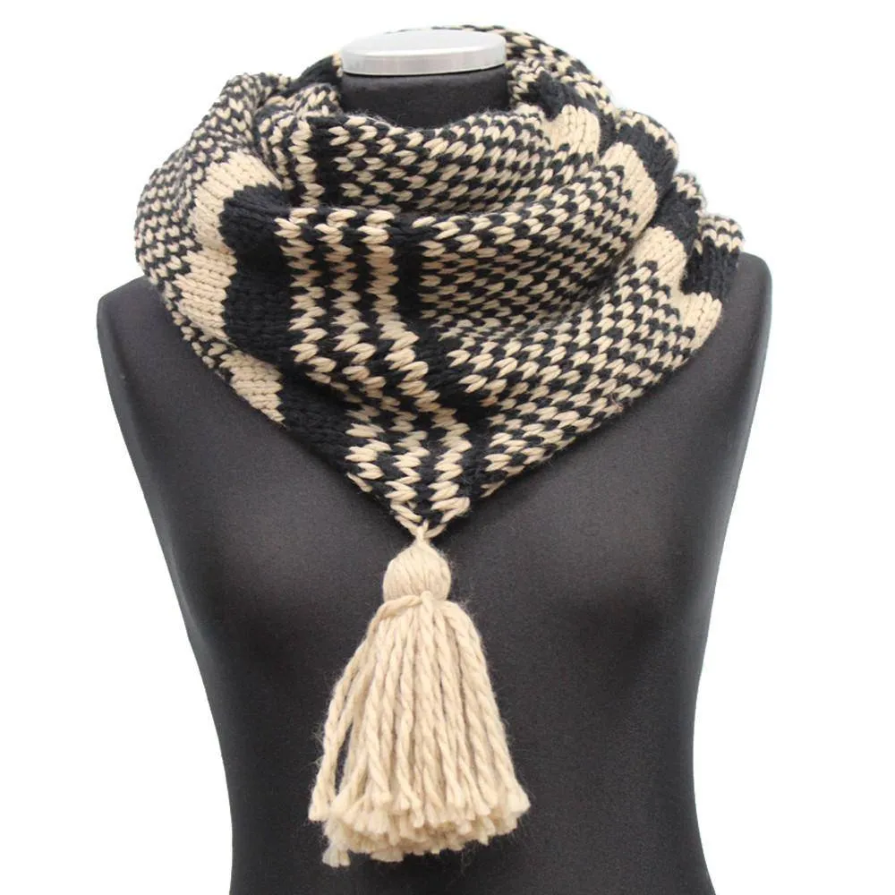 Knit Infinity Muffler w/ Tassel - Black/Oatmeal