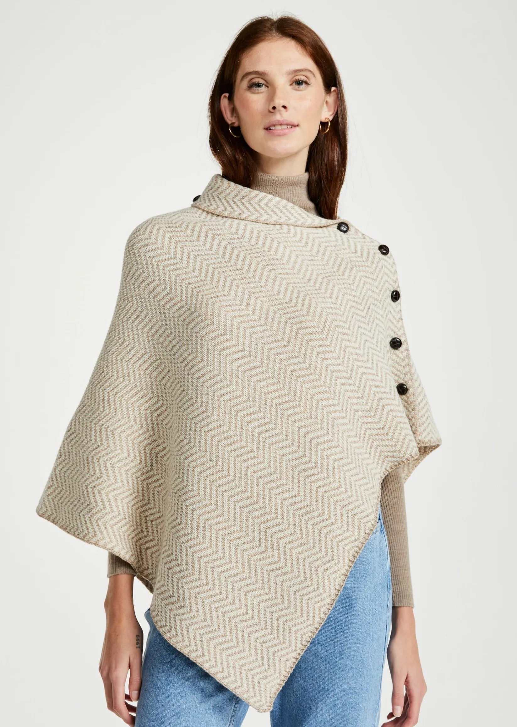 Ladies Herringbone Irish Poncho | Oatmeal