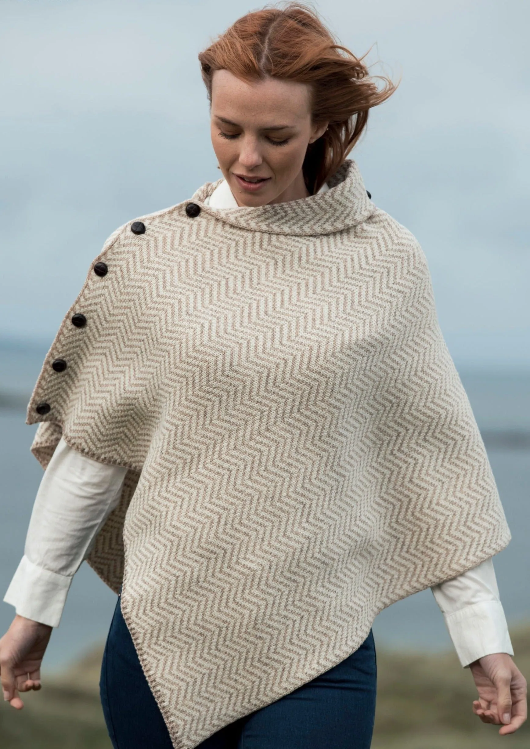 Ladies Herringbone Irish Poncho | Oatmeal