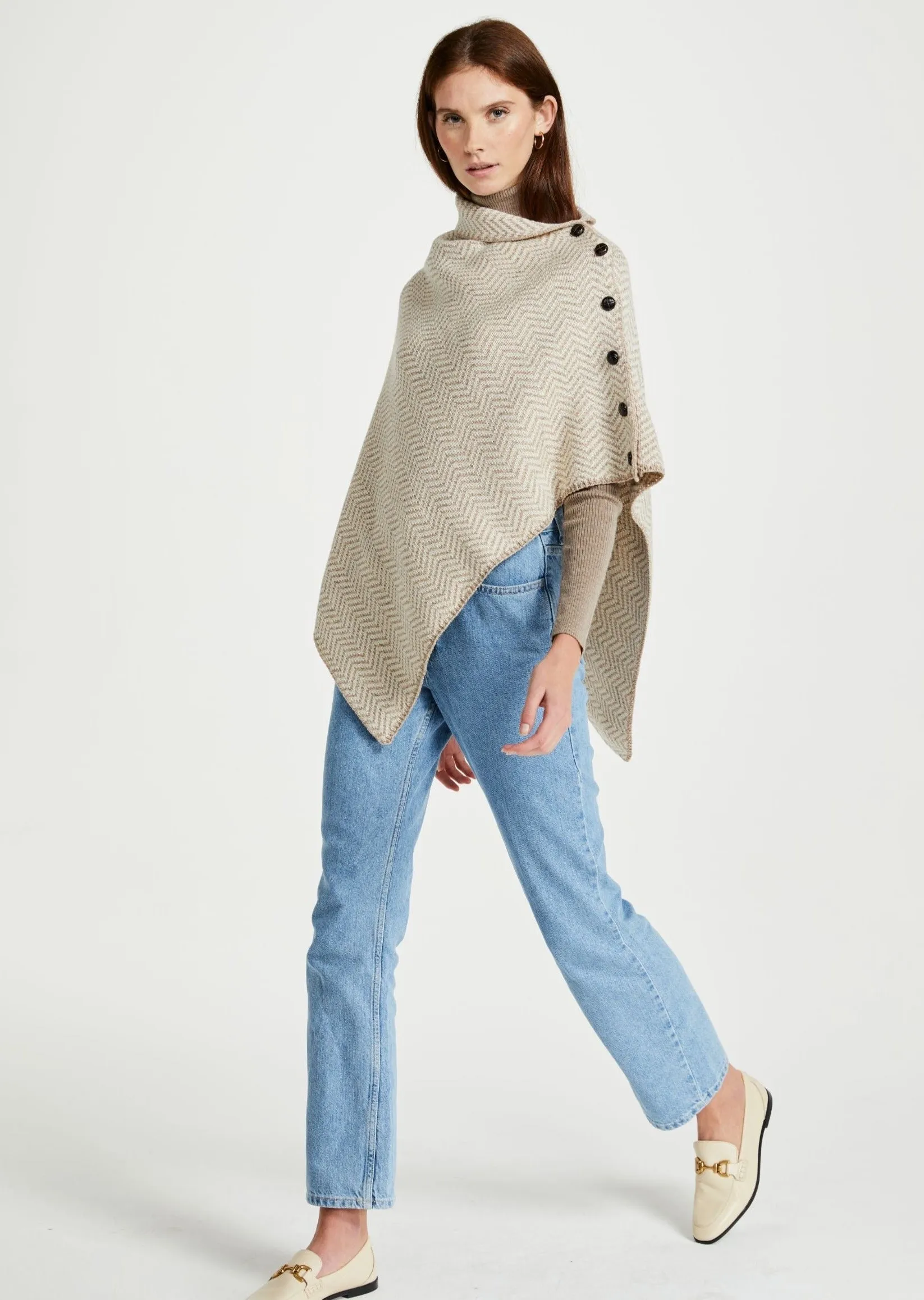 Ladies Herringbone Irish Poncho | Oatmeal