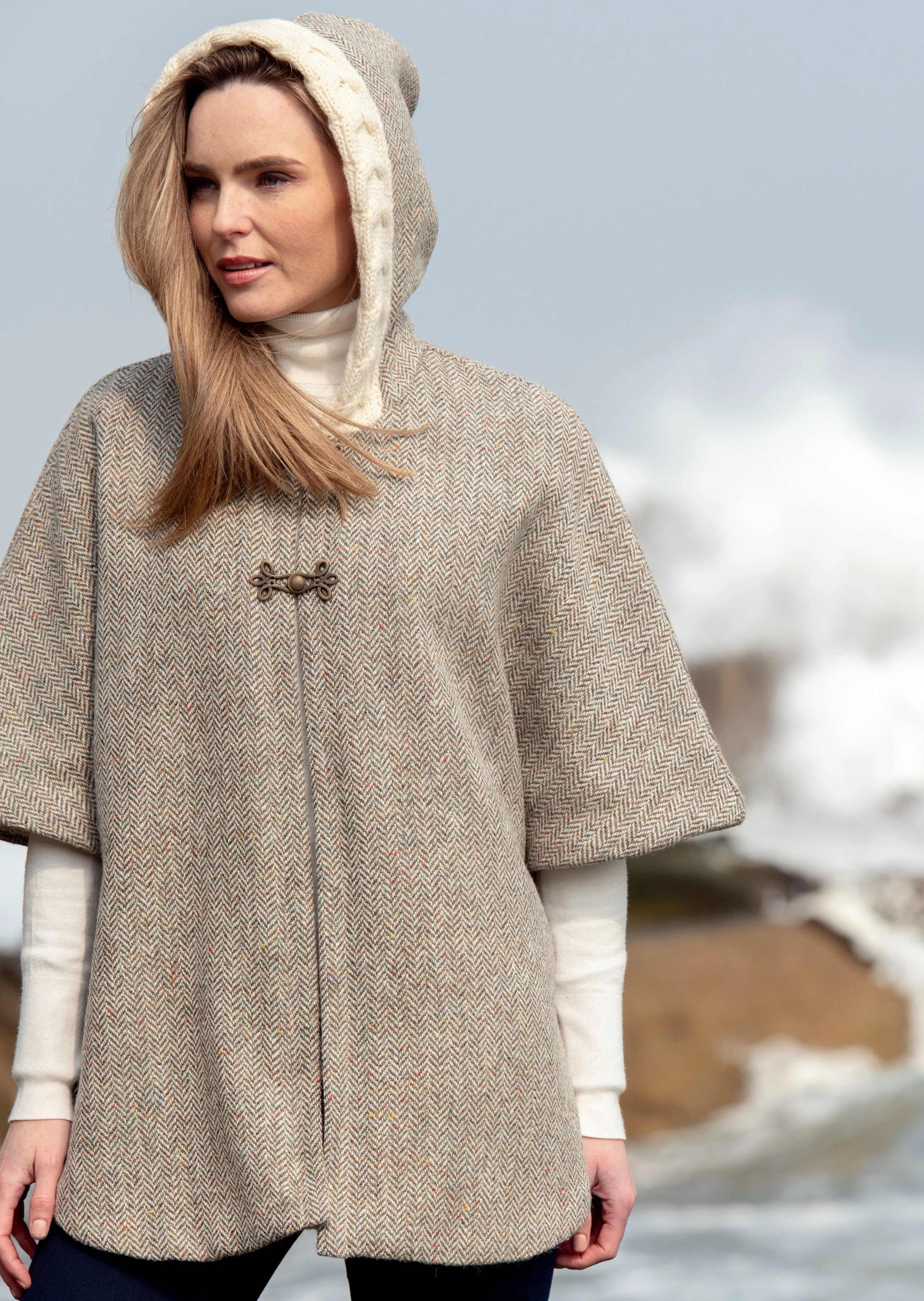 Ladies Tweed Hooded Herringbone Cape | Natural