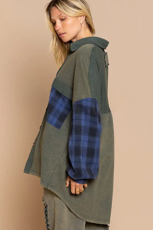 Long Sleeve With Plaid Detail Sleeve Shacket - Online Exclusive