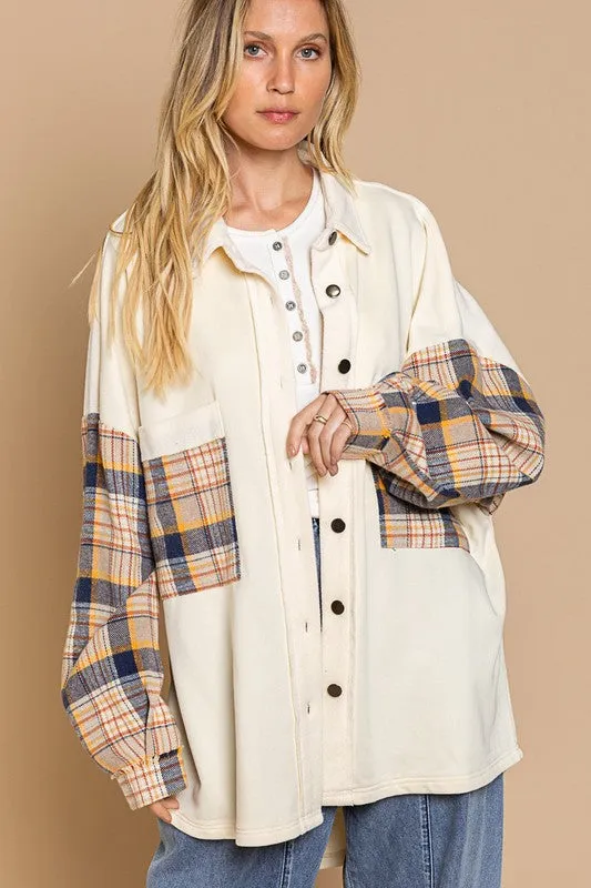 Long Sleeve With Plaid Detail Sleeve Shacket - Online Exclusive