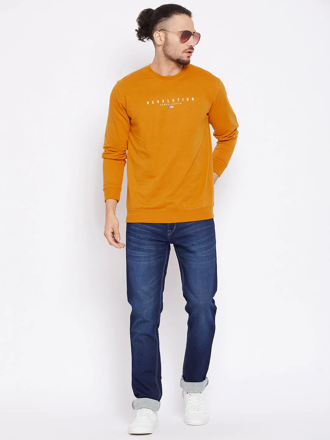 Men Round Neck Full Sleeves Mustard Casual Sweatshirt