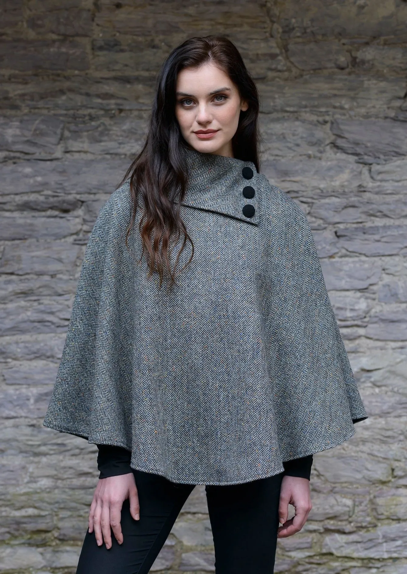 Mucros Poncho | Grey Herringbone