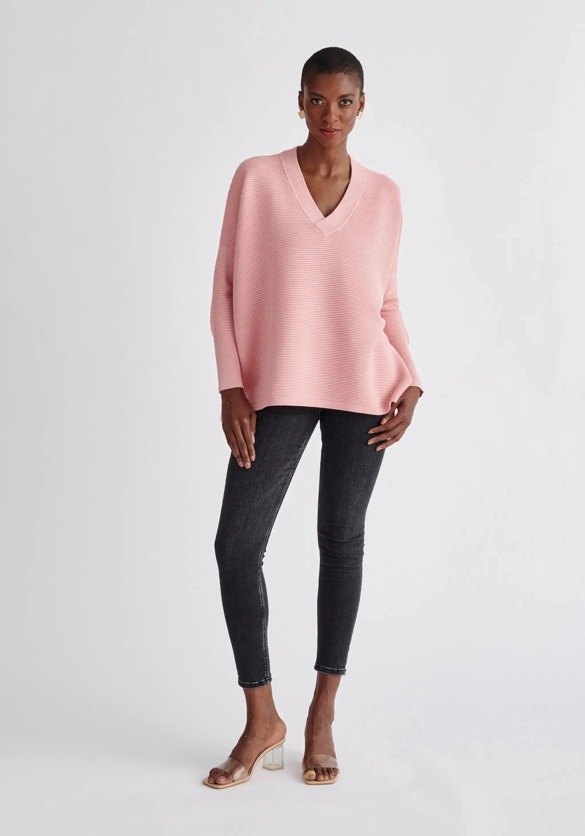 Pink V-Neck Ribbed Jumper