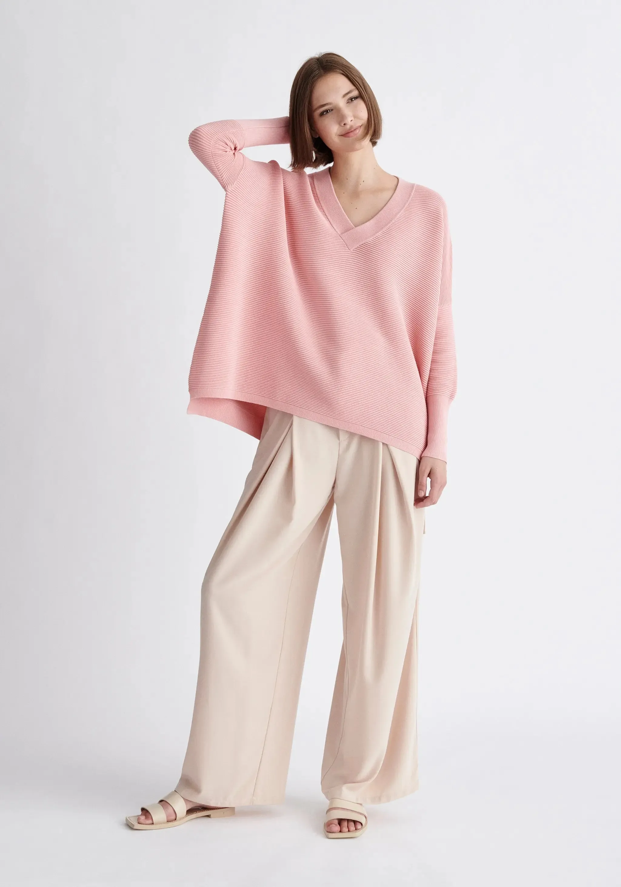 Pink V-Neck Ribbed Jumper