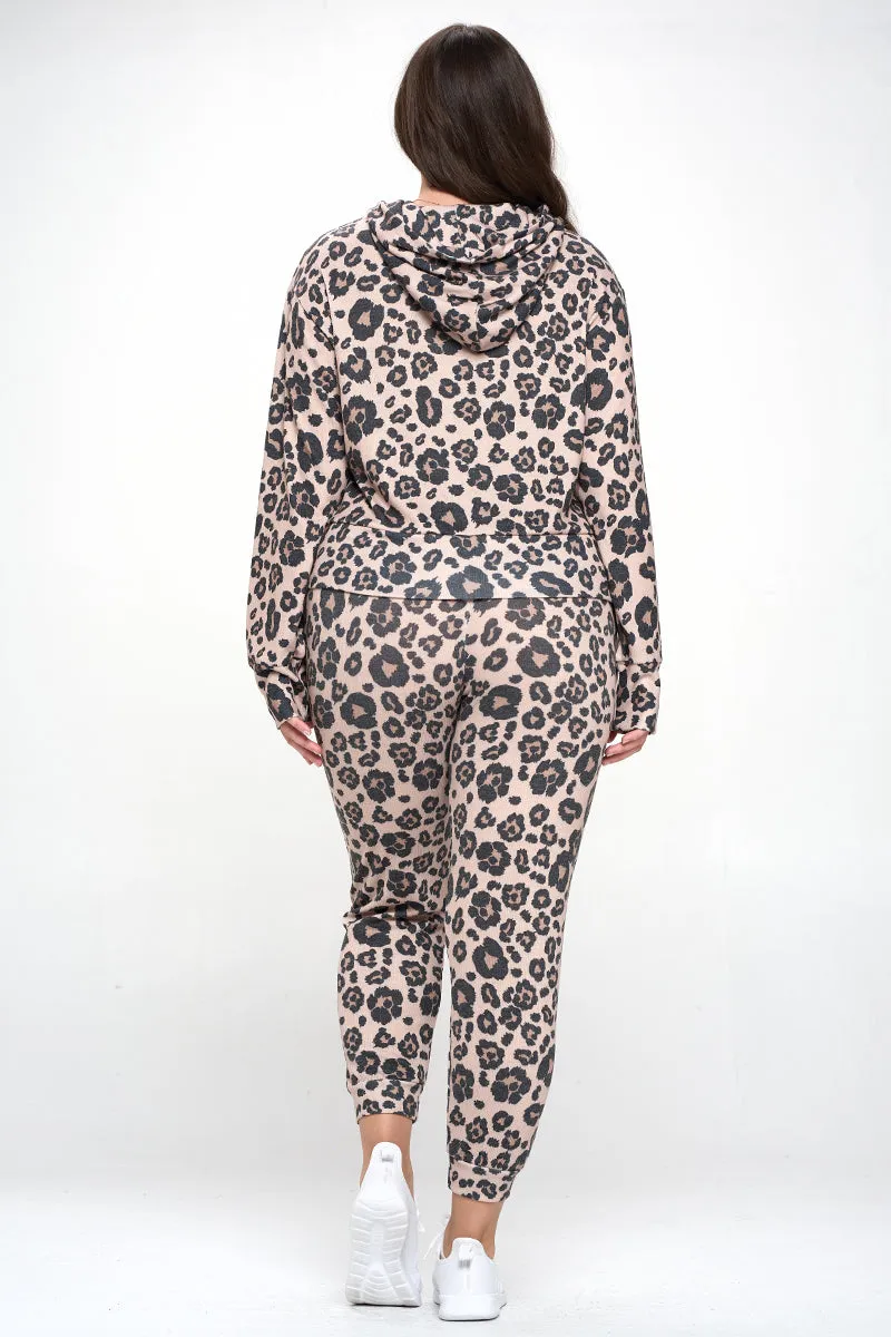 Plus Size Relaxed Leopard Print Hoodie & Jogger Set