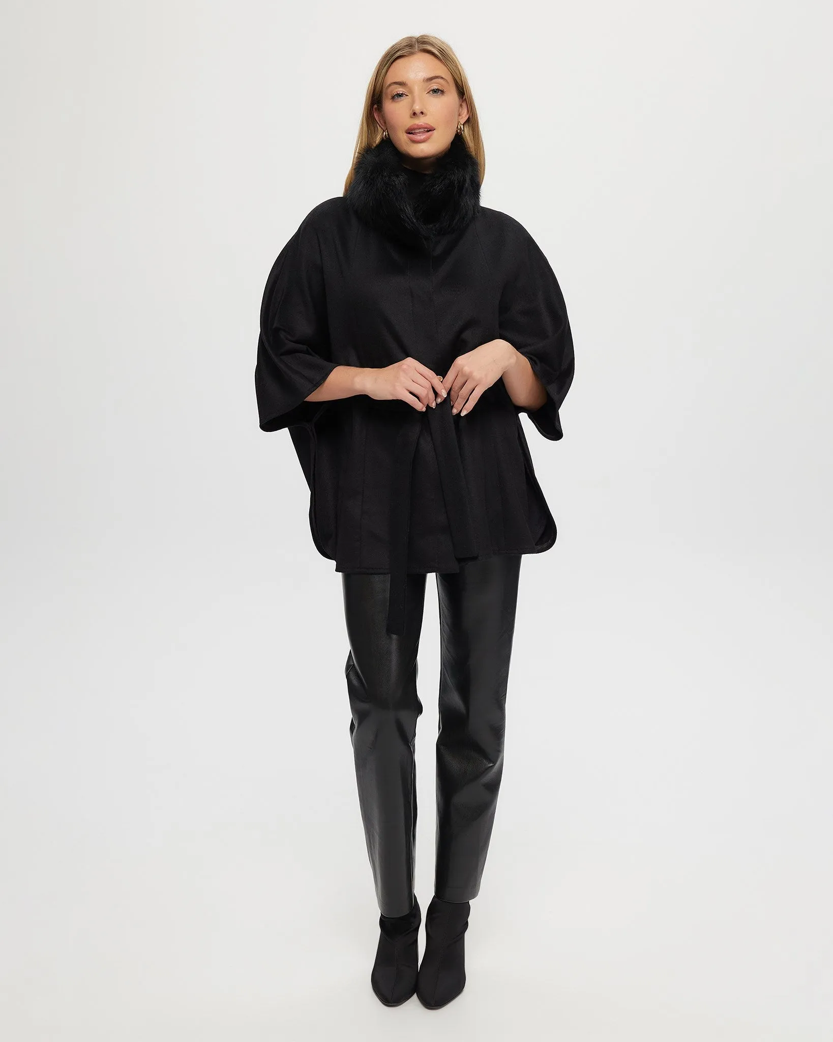 Select Wool Belted Cape with Toscana Shearling Lamb Collar