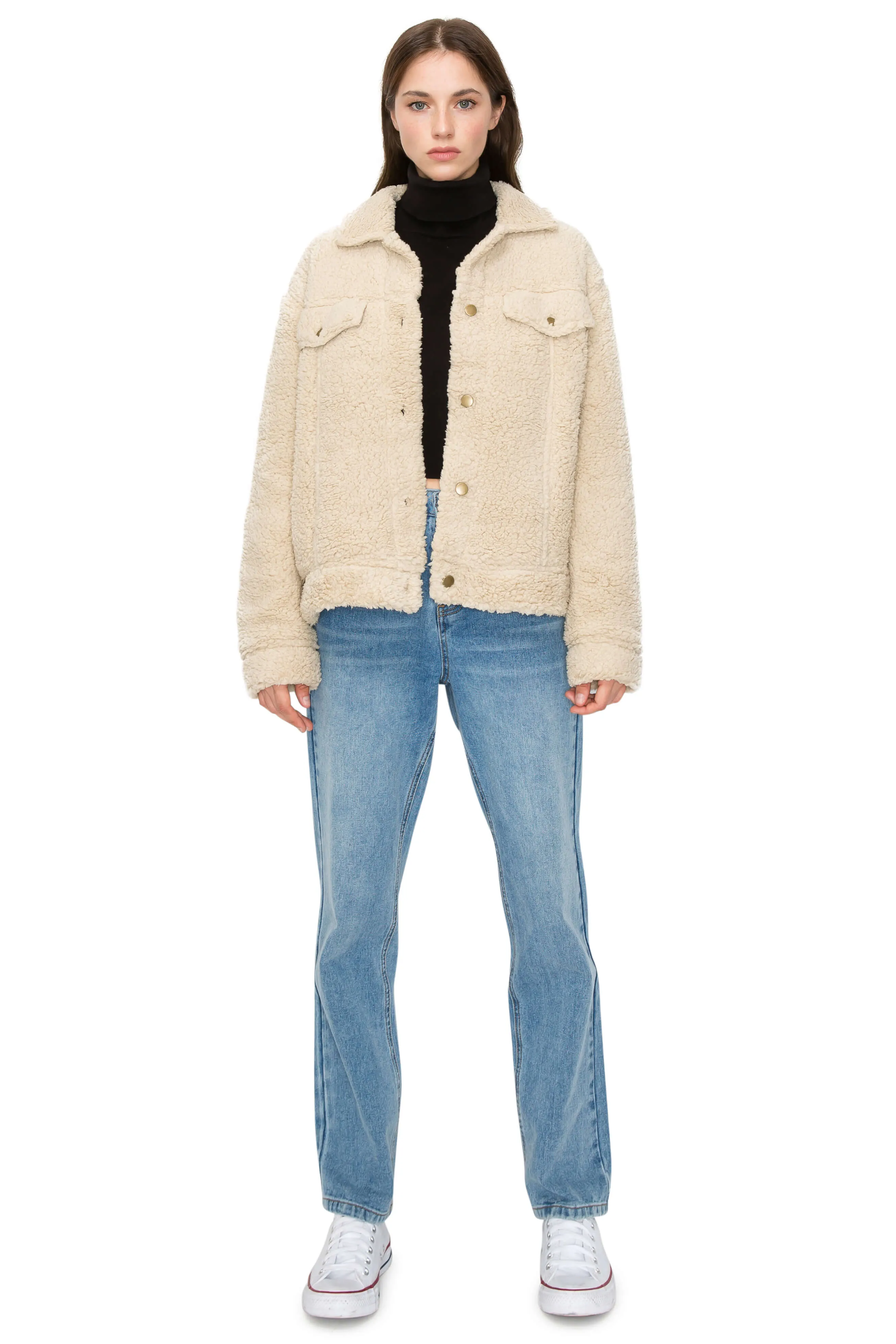 Shearling Trucker Jacket Relaxed Boxy Fit - Beige