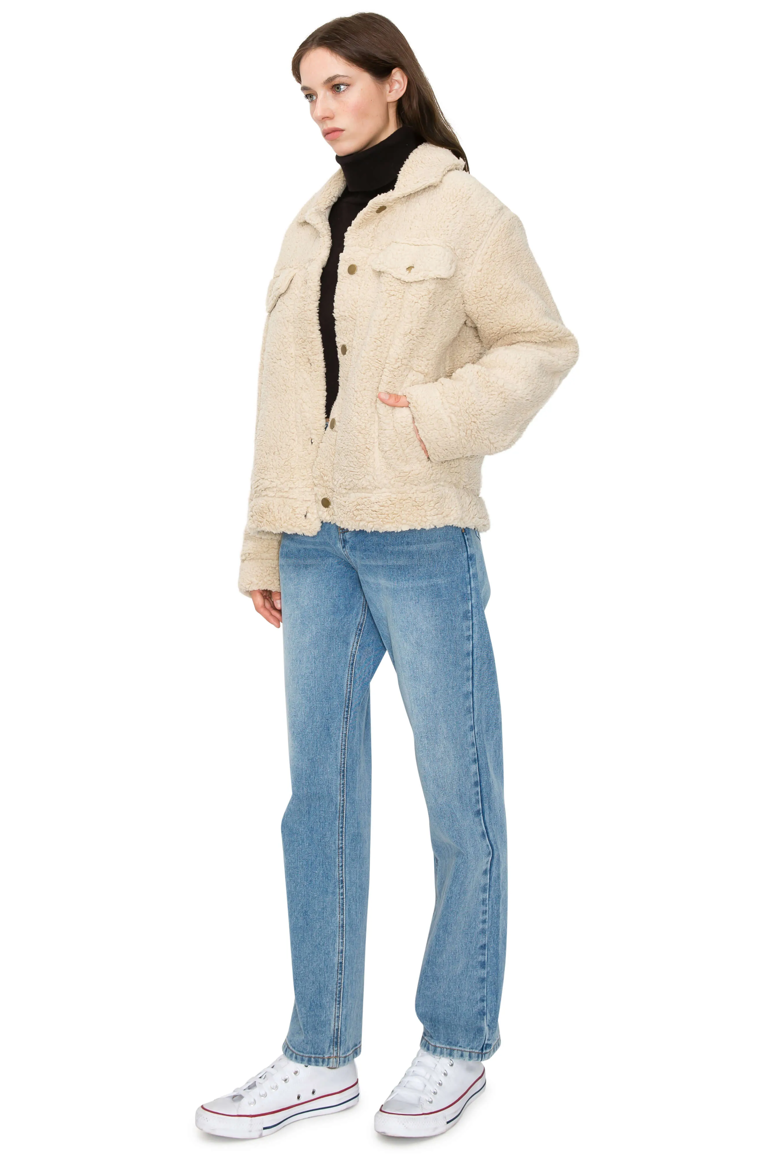 Shearling Trucker Jacket Relaxed Boxy Fit - Beige