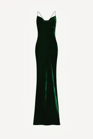 Siren maxi dress in green silk velvet