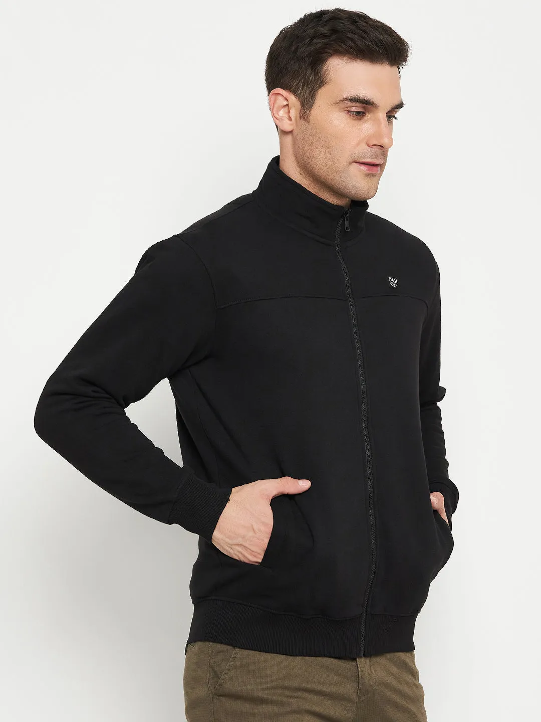 Solid Black Full Sleeves Mock Collar Regular Fit Casual Sweatshirt for Men