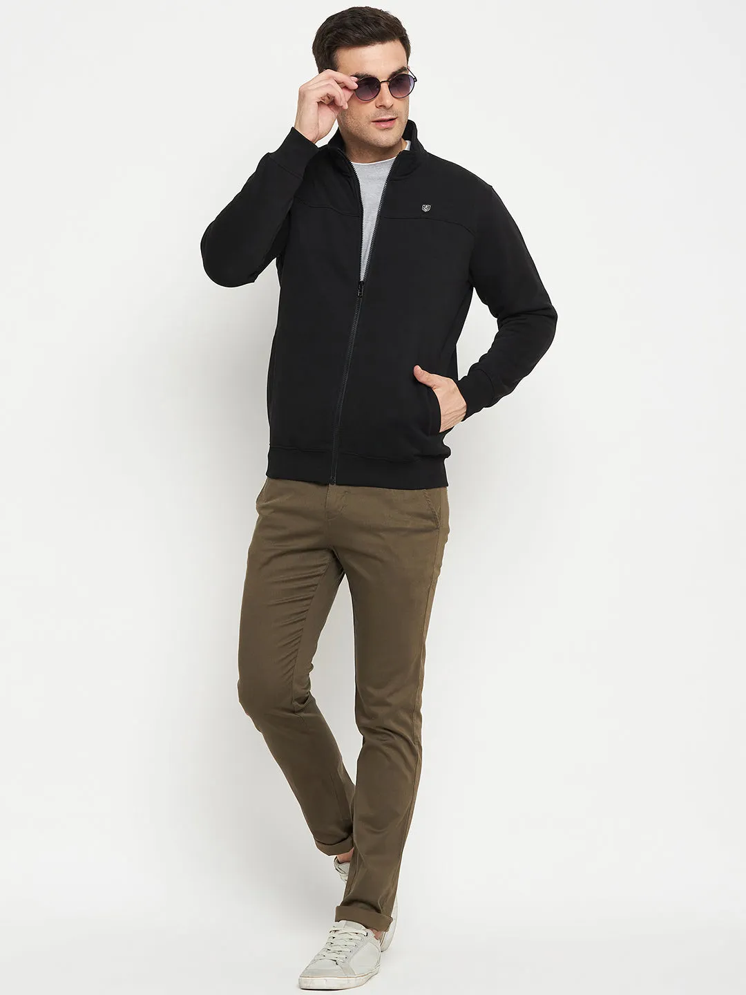 Solid Black Full Sleeves Mock Collar Regular Fit Casual Sweatshirt for Men