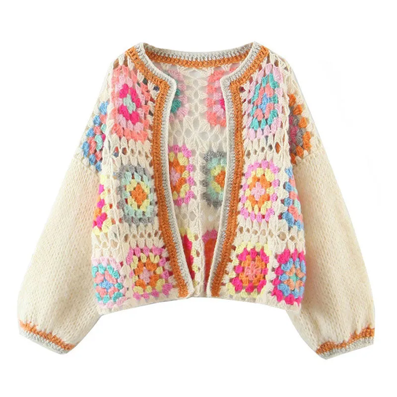 Vintage Boho Oversized Cropped Crochet Granny Square Cardigan