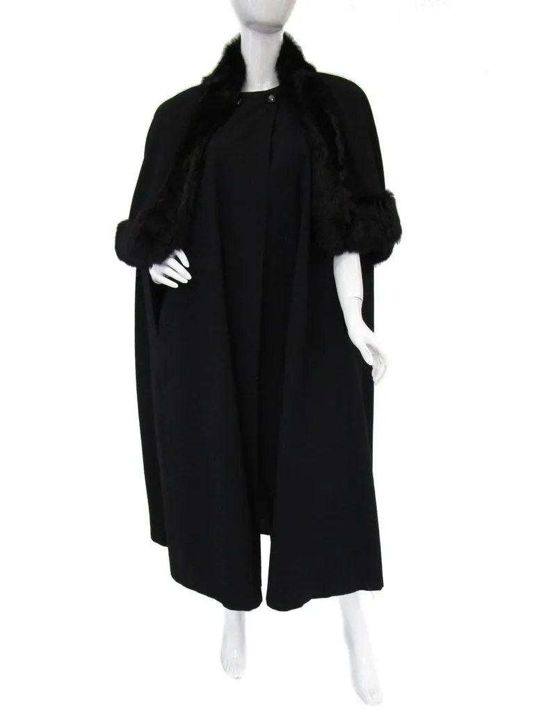 Vintage George Simonton Black Cape with Fur Trim Capelet Detail