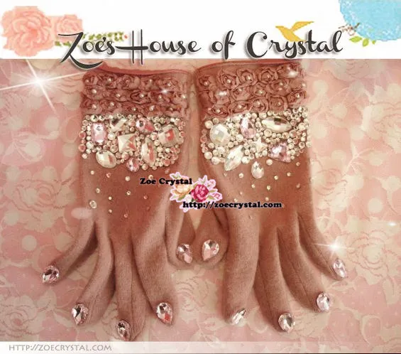 WINTER Sales- Pink Wool GLOVES with Elegant Crystals