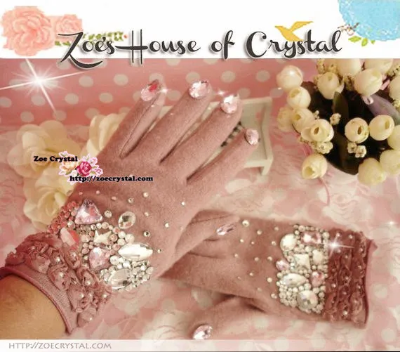 WINTER Sales- Pink Wool GLOVES with Elegant Crystals