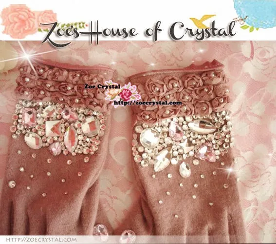 WINTER Sales- Pink Wool GLOVES with Elegant Crystals