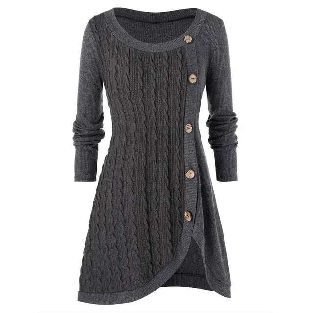 Winter Solid Buttons Tunic Sweater Women 2020