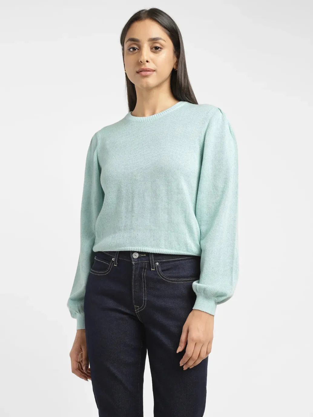 Women's Solid Blue Crew Neck Sweater