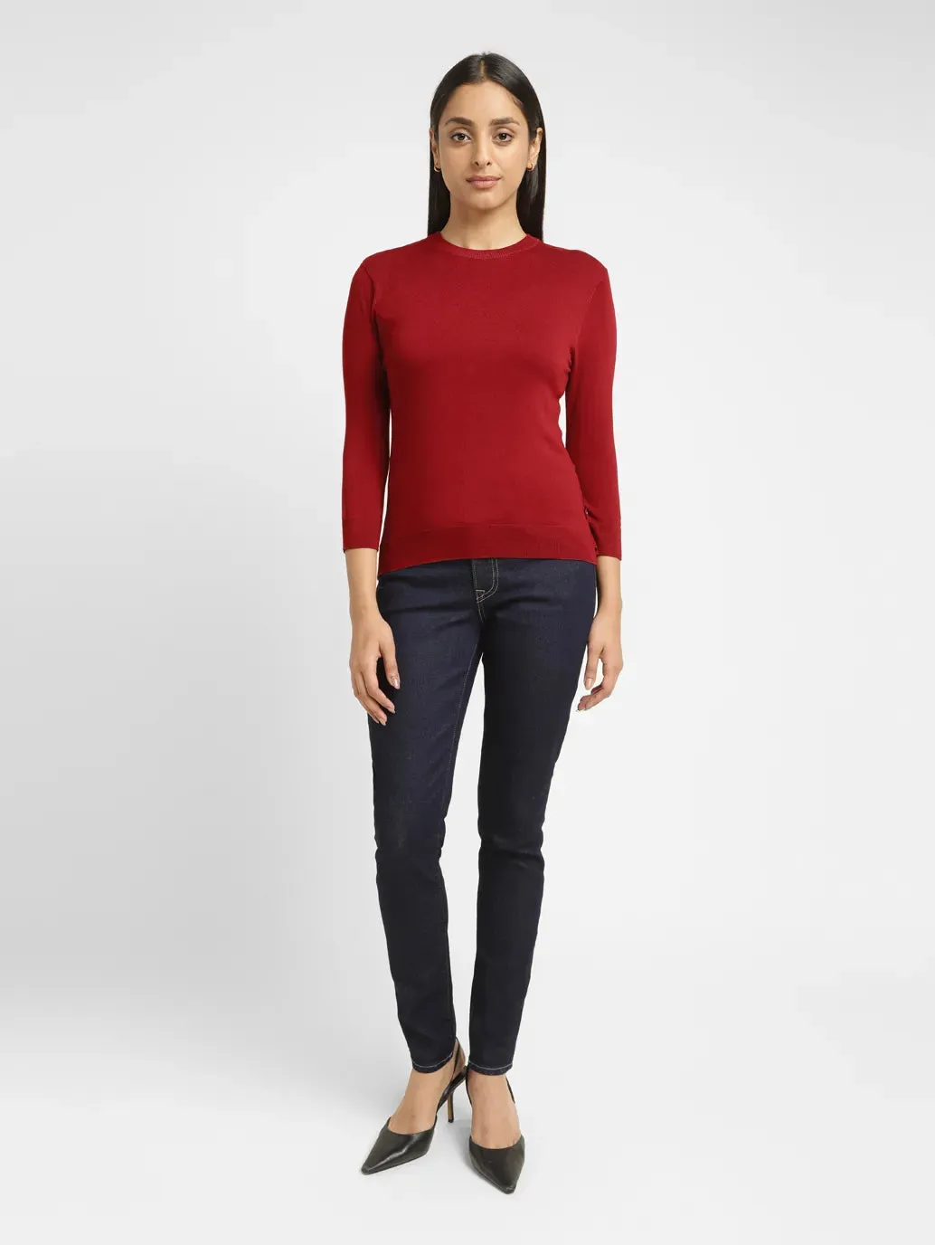 Women's Solid Red Crew Neck Sweater